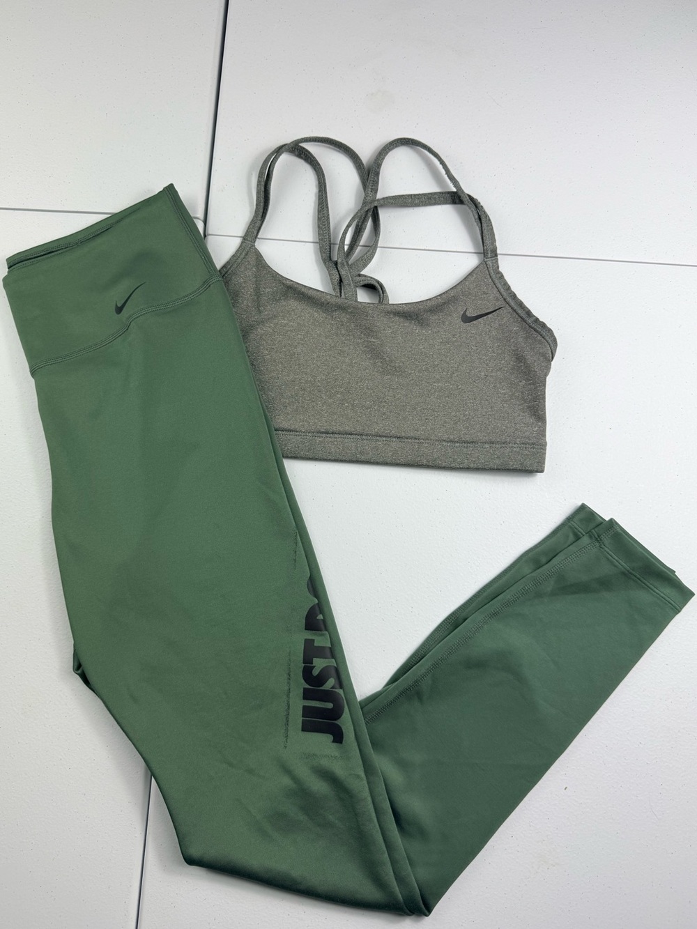 Nike Olive Green High-Rise Leggings with Green Strappy Sports Bra
